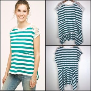 Anthro Little Yellow Button Crochet Stripe Tee